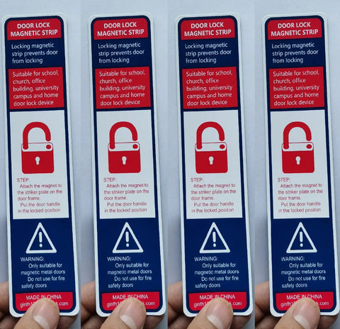 12 Pack Magnetic Lockdown Strips For Doors Heavy Duty Iron Door Magnets, showing four indigo colored strips with lock icon