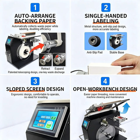 High Precision Semi Automatic Right Angle Corner Labeling Machine With Light Sensor Recognition For Stickers And Bottles showing auto-arrange backing paper and sloped screen design.