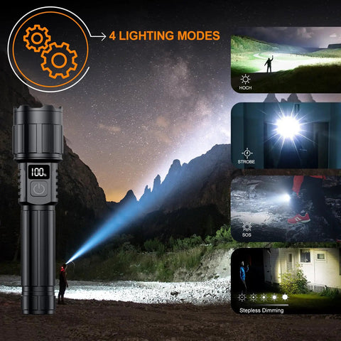 Beast Mode Bright 20000 Lumens Rechargeable LED Flashlight with USB C Power, long-range beam and 4 lighting modes outdoors.
