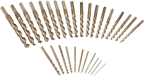 29 Piece Pilot Point Drill Bit Set With Metal Index for clean starts and accurate holes in metal and wood, displayed in a row.