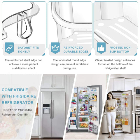 Infographic detailing features of Two Pack Upgraded 240356402 Refrigerator Door Bin Replacement Fits LFSS2612TF0 LFSS2612TE0 FFSS2615TE0