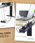 Before and after use of Under Desk Cable Management Tray Set Of Two In Black Heavy Duty Steel Cable Organizer for wire management.