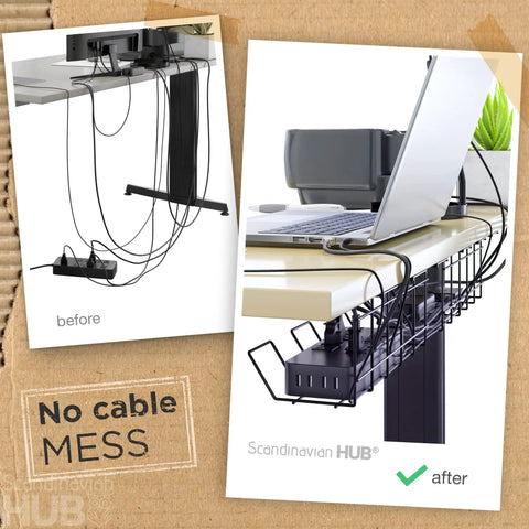 Before and after use of Under Desk Cable Management Tray Set Of Two In Black Heavy Duty Steel Cable Organizer for wire management.