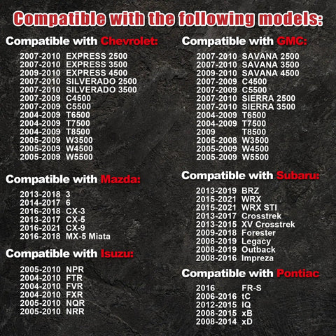 Compatibility chart for Mass Air Flow Sensor Connector Plug Pigtail Harness 5 Pin showing compatible models of Chevrolet, GMC, Mazda, Subaru, Isuzu, and Pontiac.