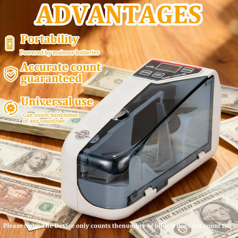 Beast Mode Fast Money Counter With UV Counterfeit Detection Portable Cash Counter With Bills Displayed Around on Wooden Table