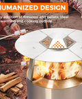 Heat Deflector For 27 Inch Fire Pits And Solo Stove Bonfire 1.0/2.0 in use with visible 304 stainless steel 3-leg design over fire.