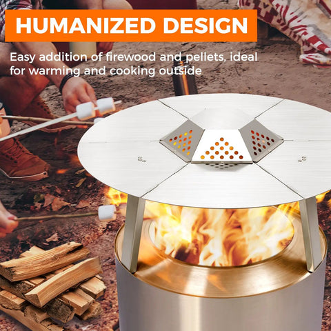Heat Deflector For 27 Inch Fire Pits And Solo Stove Bonfire 1.0/2.0 in use with visible 304 stainless steel 3-leg design over fire.