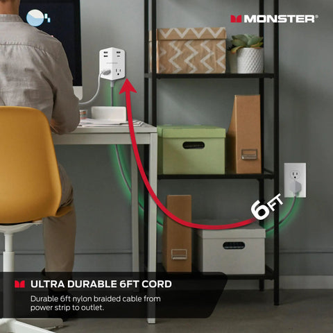 Power Shield XL Surge Protector With Outlet Extender Four AC Outlets And Two USB A Ports shown with 6ft cord in home office setup.