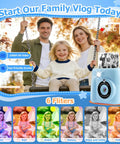 Kids Instant Print Camera For Ages 3 To 12 With Two Point Four Inch Eye Care Screen, 1080P Video, 18 Frames, family using camera