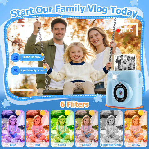 Kids Instant Print Camera For Ages 3 To 12 With Two Point Four Inch Eye Care Screen, 1080P Video, 18 Frames, family using camera