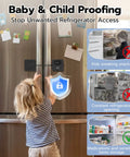 Smart Refrigerator Lock With Palm Vein Biometric RFID Card And Bluetooth App Unlock Kid Proof Safety Lock visible on fridge.