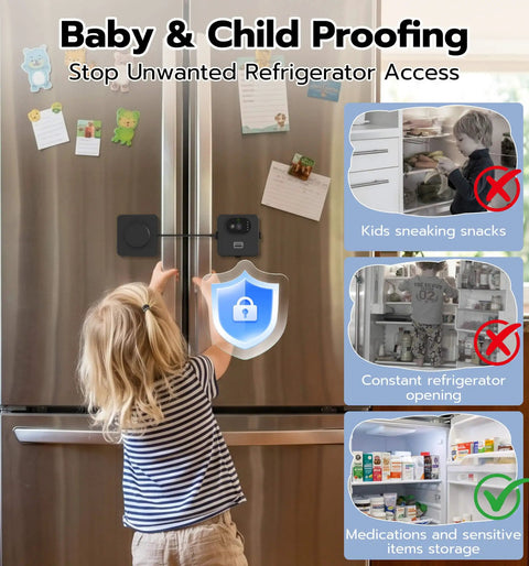 Smart Refrigerator Lock With Palm Vein Biometric RFID Card And Bluetooth App Unlock Kid Proof Safety Lock visible on fridge.