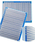 Six Pack Solderable Breadboard Kit With 824 Holes And A 70 By 90 Millimeter 1.6 Millimeter Thick PCB Board For DIY Prototyping Soldering And Arduino Projects Blue, showing blue FR4 boards with solder points and perforations.
