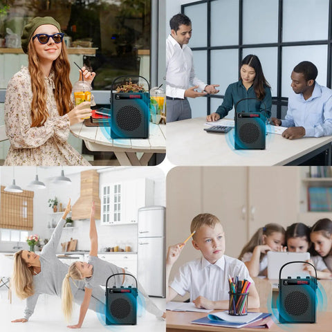Collage showing 40W Bluetooth 5.3 Voice Amplifier in use during lectures, yoga, outdoor events, and classroom settings.