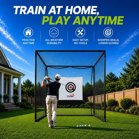 Person practicing with Golf Driving Cage With Steel Frame And Net For Backyard Practice, Full Swing And Chipping Drills