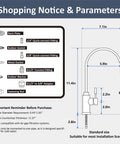 Dimensions and specifications for Top Tier Stainless Steel Reverse Osmosis Faucet with High Arc Swivel Spout and Single Handle.