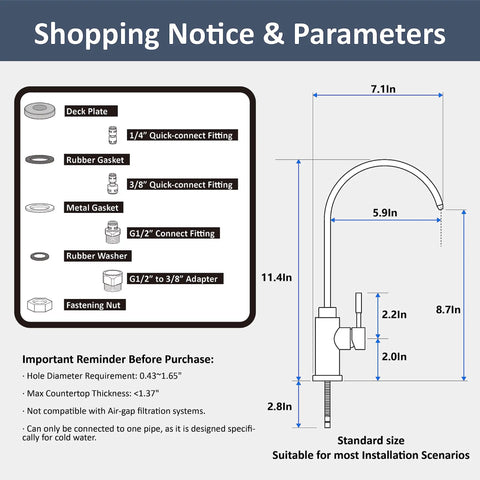 Dimensions and specifications for Top Tier Stainless Steel Reverse Osmosis Faucet with High Arc Swivel Spout and Single Handle.