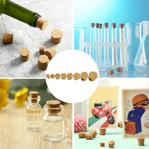 Collage of 120 Piece 8 Sizes Tapered Cork Stoppers Set Natural Wood Wine Bottle Plugs for various bottle uses
