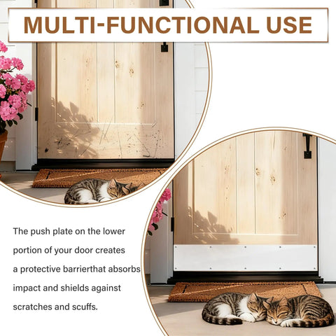 Heavy Duty Aluminum Kick Plate Door Scratch Guard 6 X 28 Inches Gloss White Finish Tough Pet Proof Barrier on entry door.