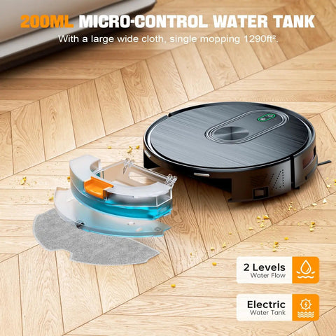 2 In 1 Robot Vacuum And Mop With 6500Pa Beast Mode Suction Gyro Inertial Navigation 200 Minute Runtime App WiFi Voice Control showing water tank