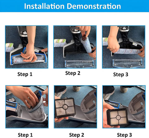 Bissell CrossWave replacement parts installation collage showing multi-surface brush rolls and filters being installed.