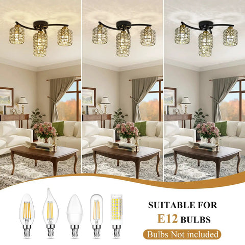 Four Light Crystal Flush Mount Ceiling Light In Black And Gold Modern Farmhouse Semi Flush Fixture With Crystal Shade Dope Brighten Bedroom Living Room Kitchen Hallway With Luxe Refraction And Bold Style.