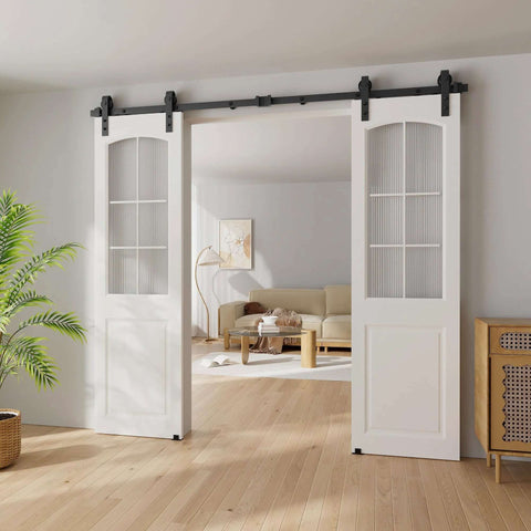 7.5 Foot Sliding Barn Door Hardware Kit For Double Doors 22.5 Inch Wide Panels Heavy Duty Track System With Smooth Quiet Operation