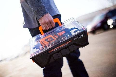WEN 23190 variable-speed rotary tool kit in a clear-lid carrying case with orange handle, side view