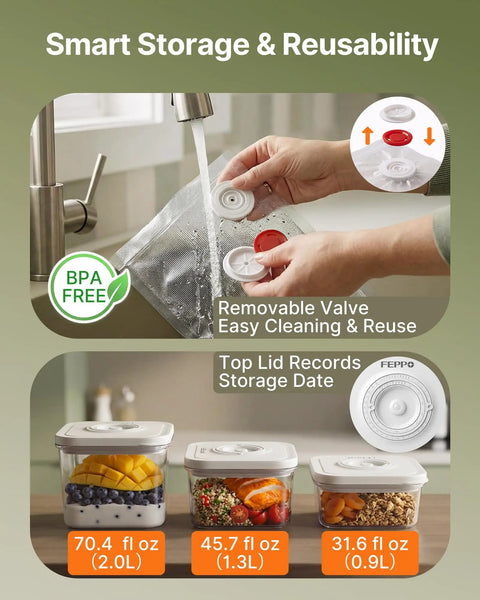 Compact Food Vacuum Sealer With 65KPa Suction, Auto And Manual Modes, showing containers with removable valve and size indicators