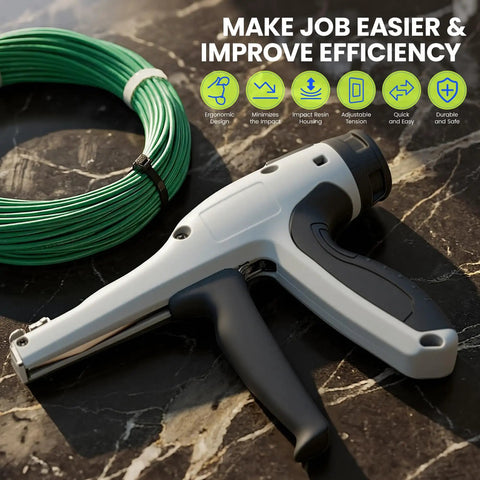 Ergonomic Cable Tie Gun For Heavy Duty Zip Ties Featuring Adjustable Tension Control and Precision Flush Cut on a marble surface.