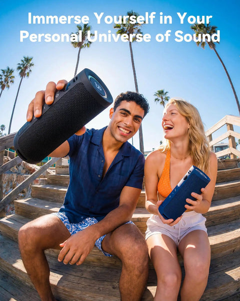 Two people sitting on steps outdoors holding Roar 3 Bass-Boosted Portable Bluetooth Speaker With 20W Thumpin Bass, JIKE Bass Enhancement.