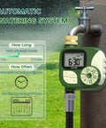 Garden Hose Timer With 360 Degree Brass Swivel attached to faucet, digital display showing time, waterproof irrigation system controls