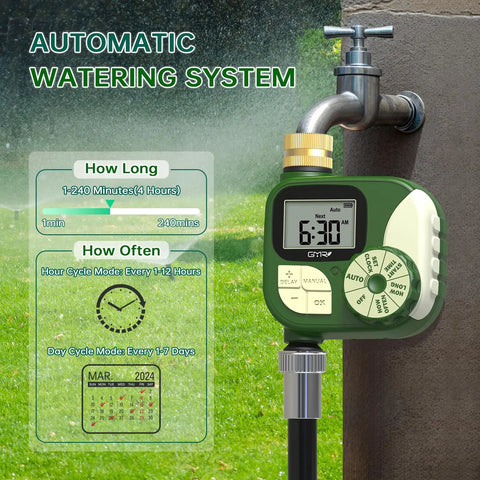 Garden Hose Timer With 360 Degree Brass Swivel attached to faucet, digital display showing time, waterproof irrigation system controls