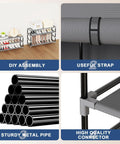 Gray 6 Tier Shoe Rack With Cover, detailed view of assembly, metal piping, quality connectors, and securing strap features.