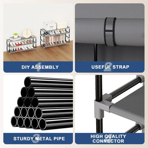 Gray 6 Tier Shoe Rack With Cover, detailed view of assembly, metal piping, quality connectors, and securing strap features.