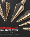 Heavy Duty Step Drill Bit Set With Countersink Bits Titanium Coated HSS 50 Hole Sizes Aluminum Case close-up view showing bit tips
