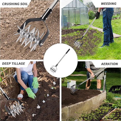 Rotary Cultivator Garden Tool With Adjustable Long Handle Hand Tiller for aerating soil and precision weeding