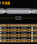 2 Inch Magnetic T30 Torx Bits Set With One Quarter Inch Hex Shank, made of S2 steel, shown with specifications in a table format.