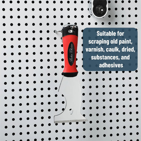 8 In 1 Paint Scraper Tool With Metal Hammer End Durable Stainless Steel Painters Tool hanging on pegboard