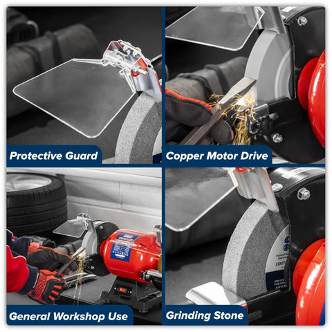 Workhorse 150Mm Bench Grinder Equipped With A Beefy 450W Induction Motor with protective guard and copper motor drive in workshop setting.