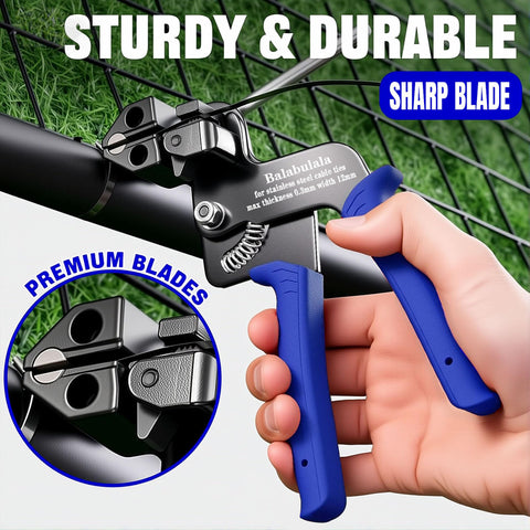 Close-up of Heavy Duty 304 Stainless Steel Zip Tie Gun Kit with 150 Black Metal Zip Ties in use on a fence.