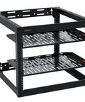 Heavy Duty 10U Open Frame Server Rack Packing Badass Airflow And A No Sweat Diy Build, Comes With Dual Vented Shelves And Every Rack Screw Your Rig Demands For Sweet Networking Gear in black with three ventilated shelves.