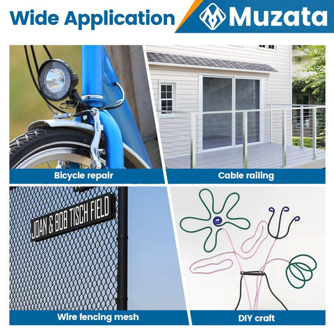 Muzata heavy-duty stainless steel wire rope cutters collage: bicycle repair, railing, fencing, DIY craft