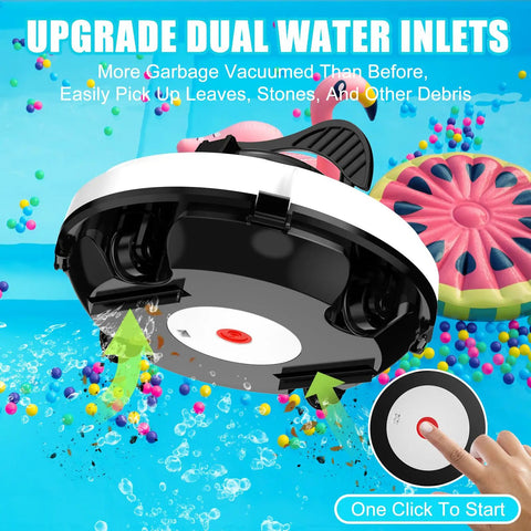Cordless Robotic Pool Cleaner With 120 Minute Run Time Auto Vacuum For Above Ground And In Ground Flat Pools Up To 1000 Sq Ft Self Parking Tech, showing dual water inlets and debris cleaning.