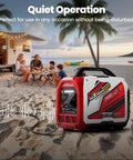 2400 Watt Portable Inverter Generator With Smart App Control Ultra Quiet Engine And Reliable Clean Power Ready To Roll For Campground Days And Home Power Backup by sandy beach with family dining.