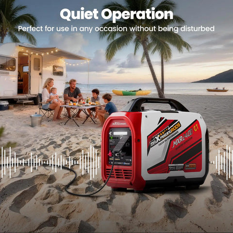 2400 Watt Portable Inverter Generator With Smart App Control Ultra Quiet Engine And Reliable Clean Power Ready To Roll For Campground Days And Home Power Backup by sandy beach with family dining.