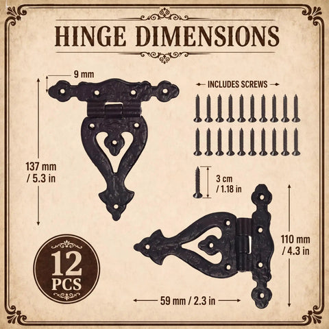 12 Pack Antique Cast Iron T Hinges 5.3 Inch Heavy Duty Vintage Black Gate Hinges With 96 Mounting Screws dimensions chart