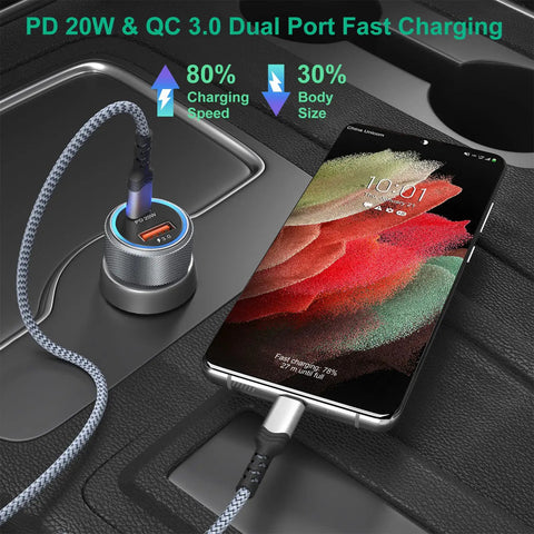 Dual Port USB C Car Charger 36W Hella Fast Charging Plug N Play Cigarette Lighter Adapter With PD QC 3.0 Power Delivery For iPhone 15 14 13 Samsung Galaxy S24 S21 iPad Pixel Road Trip Essential Grey connected to a smartphone.