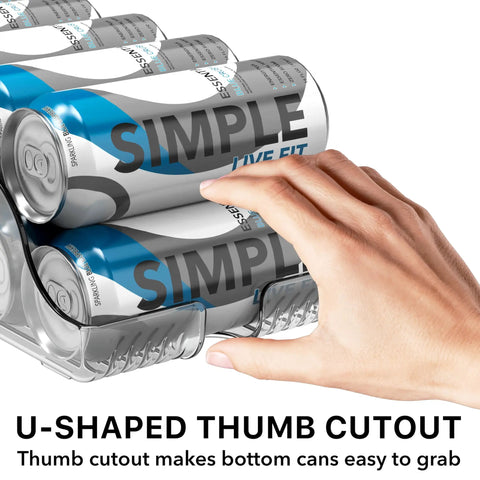 Tall Skinny Can Organizer and Dispenser for Fridge and Pantry, clear set of 2, showing thumb cutout for easy can access.