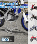 Motorcycle Lift Stand For Dirt Bikes 600Lb Capacity Beefy Universal Panel Stand on gravel surface with various bike images.